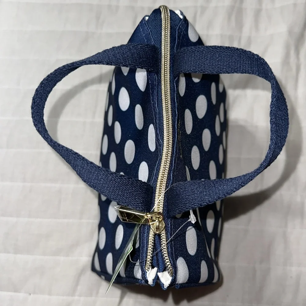kate spade Navy White Jumbo Polka Dot Gold Tone Zip Lunch Bag NWT